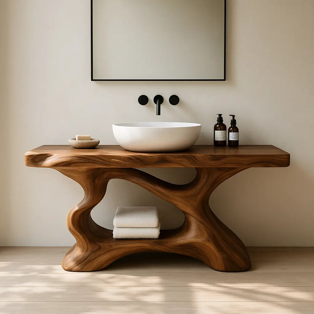 Handcrafted Solid Wood Vanity with Sculptural Organic Flow and Modern Natural Design Kitchnce
