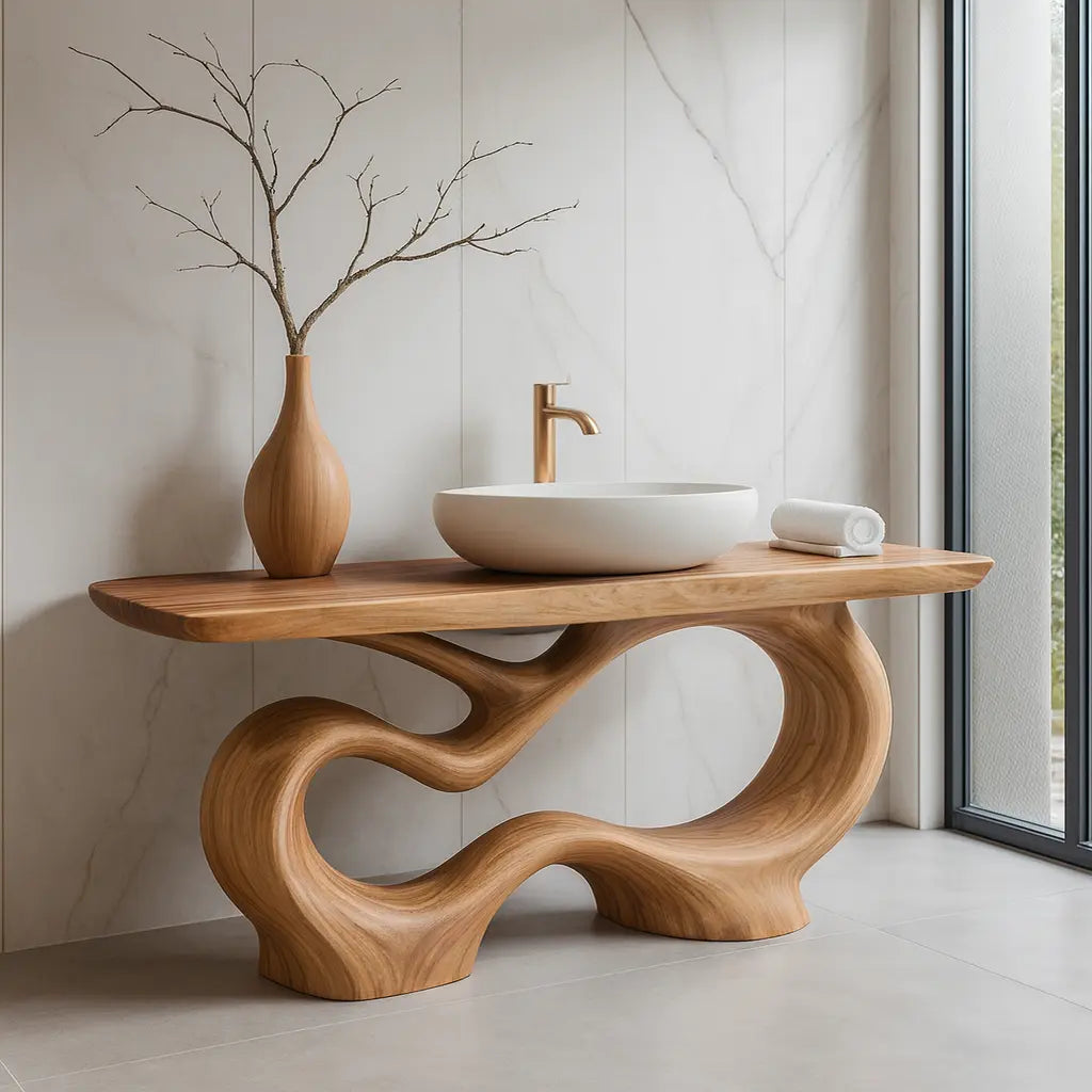 Handcrafted Solid Wood Sculptural Vanity with Organic Curved Base for Modern Interiors Kitchnce