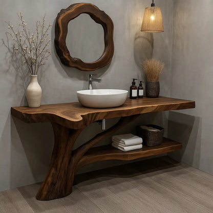 Handcrafted Solid Wood Vanity with Tree-Root Inspired Base and Organic Live Edge Design Kitchnce
