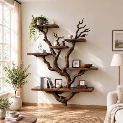 Handcrafted Solid Wood Tree Bookshelf with Sculptural Branch Shelves