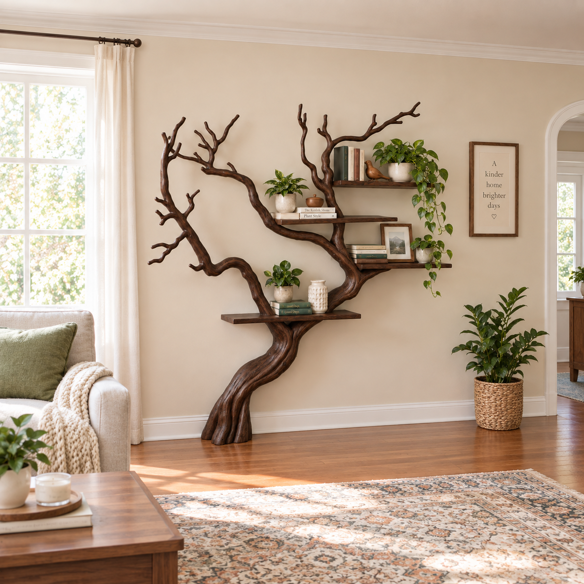 Handcrafted Solid Wood Tree Bookshelf with Flowing Branch Design