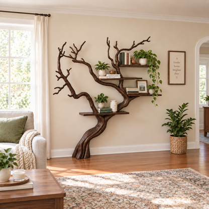 Handcrafted Solid Wood Tree Bookshelf with Flowing Branch Design
