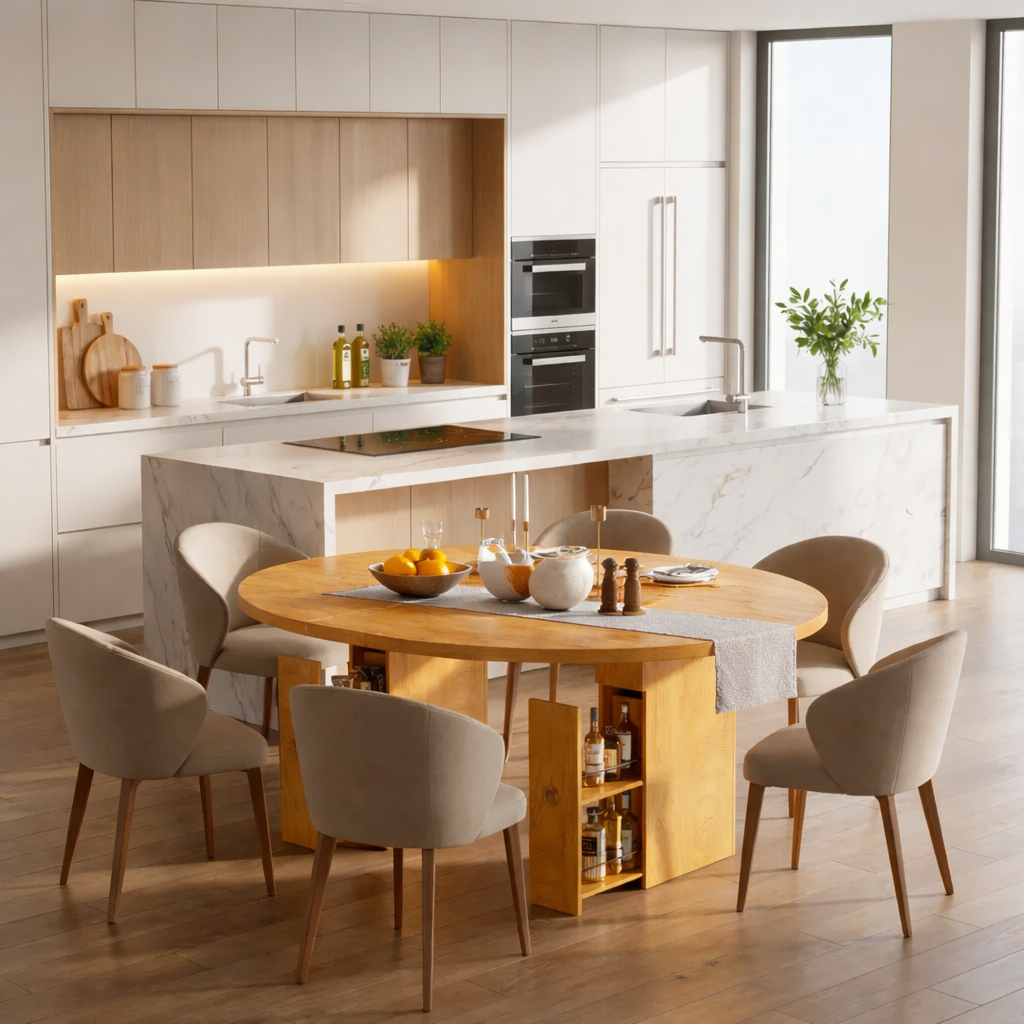 Solid Wood Dining Table with Storage – Walnut Pedestal Kitchen Table
