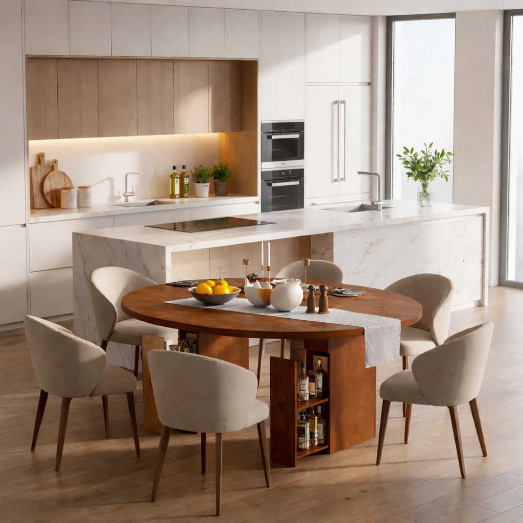Solid Wood Dining Table with Storage – Walnut Pedestal Kitchen Table