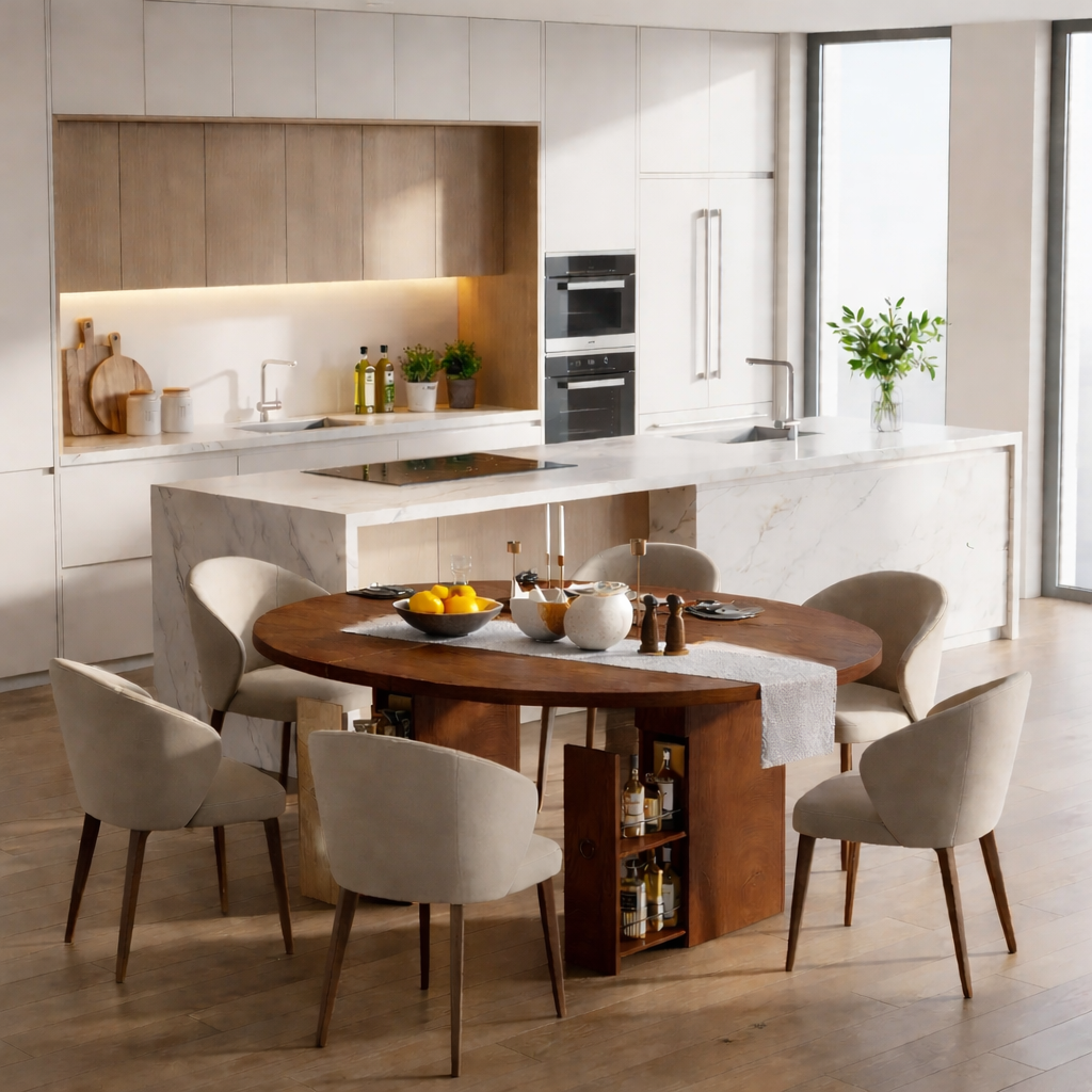 Solid Wood Dining Table with Storage – Walnut Pedestal Kitchen Table