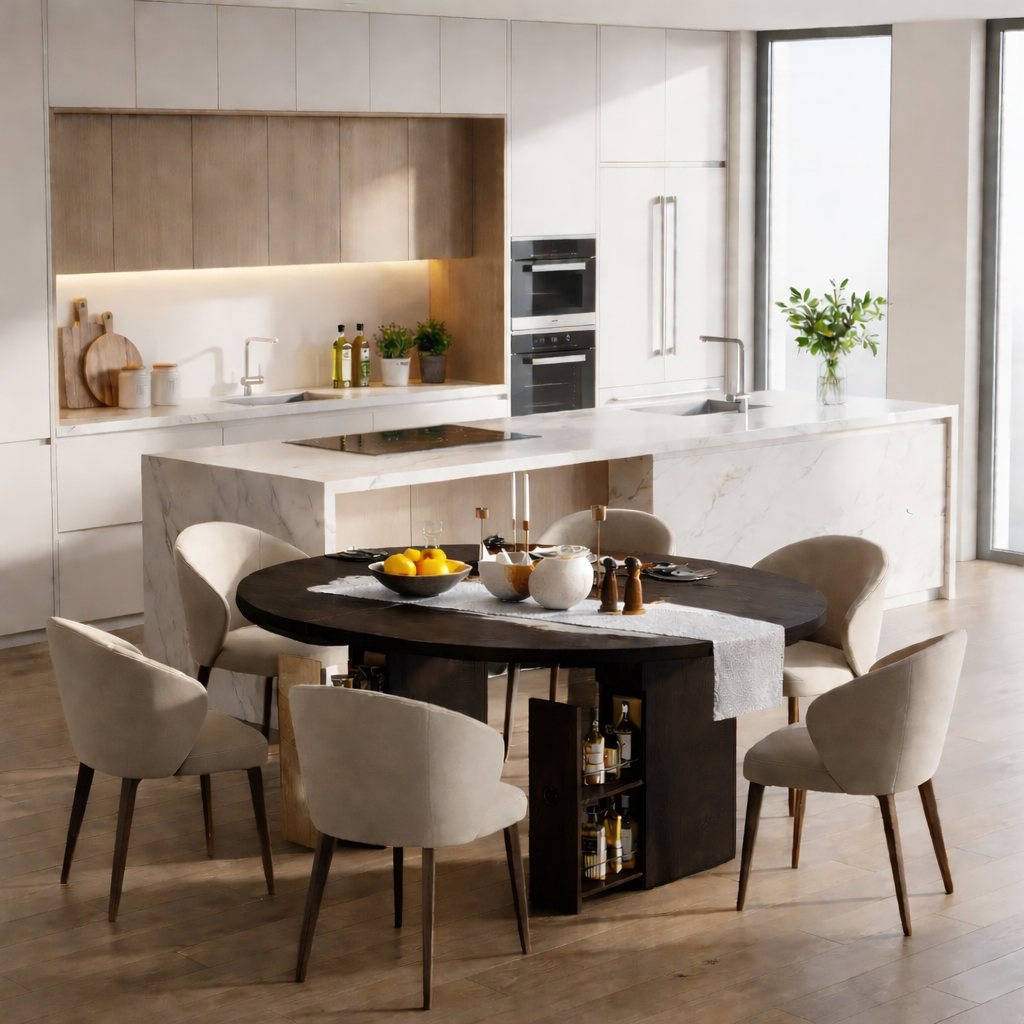 Solid Wood Dining Table with Storage – Walnut Pedestal Kitchen Table