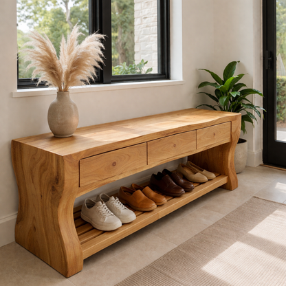 Solid Wood Shoe Bench with Drawers – Modern Walnut Entryway Storage Bench