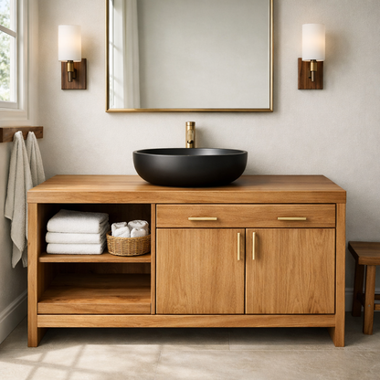 Solid Wood Bathroom Vanity with Open Shelf and Concealed Cabinet Storage