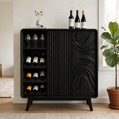 Solid Wood Wine Cabinet with Fluted Panel and Sculptural Door Design