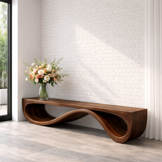 Handcrafted Solid Wood Bench with Sculptural Wave Base Design