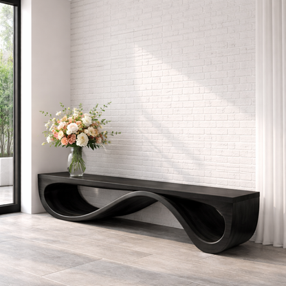 Handcrafted Solid Wood Bench with Sculptural Wave Base Design