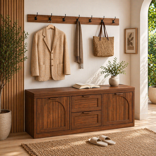 Solid Wood Entryway Bench with Storage Drawers – Shoe Cabinet with Arched Doors