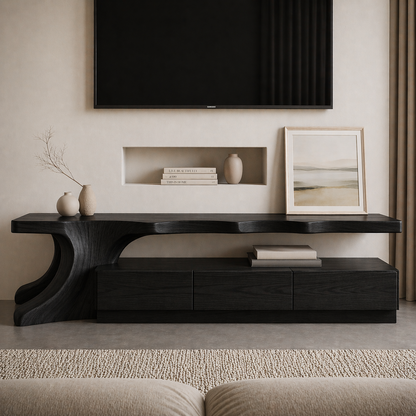 Solid Wood Sculptural TV Stand with Curved Base – Modern Media Console Table