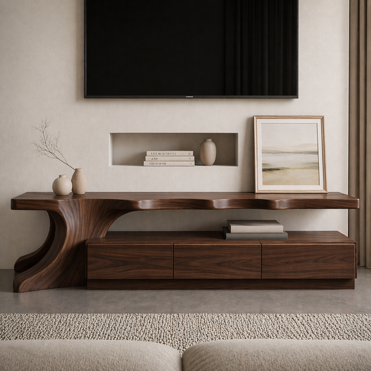 Solid Wood Sculptural TV Stand with Curved Base – Modern Media Console Table