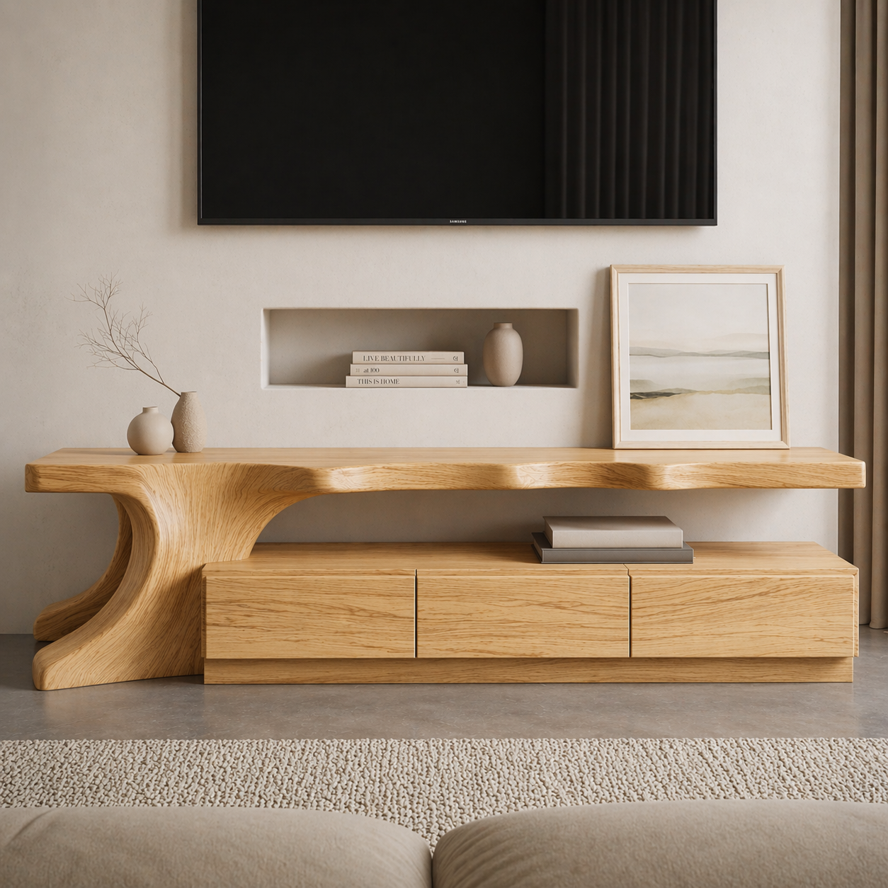 Solid Wood Sculptural TV Stand with Curved Base – Modern Media Console Table