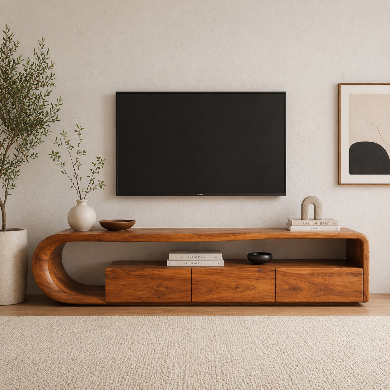 Solid Wood TV Stand with Curved Base – Modern Low Profile Media Console with Storage