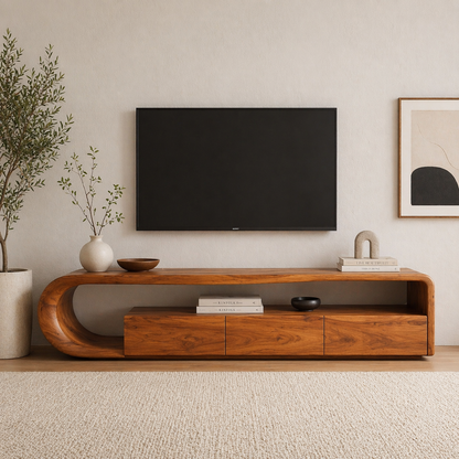 Solid Wood TV Stand with Curved Base – Modern Low Profile Media Console with Storage