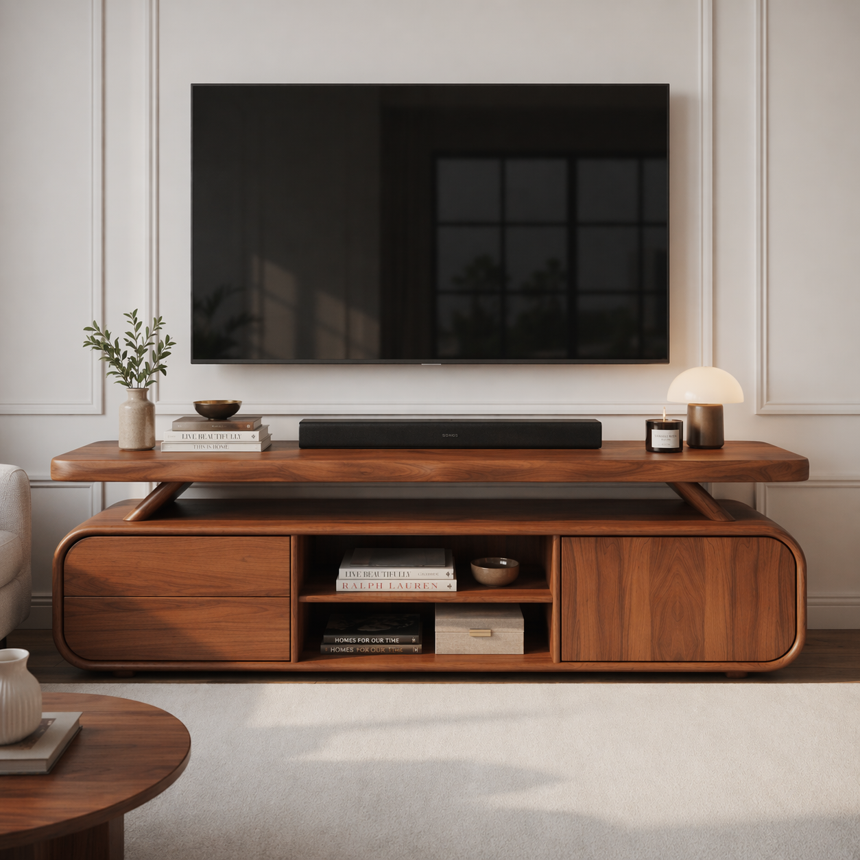 Solid Wood TV Stand with Rounded Edges – Modern Low Profile Media Console with Storage