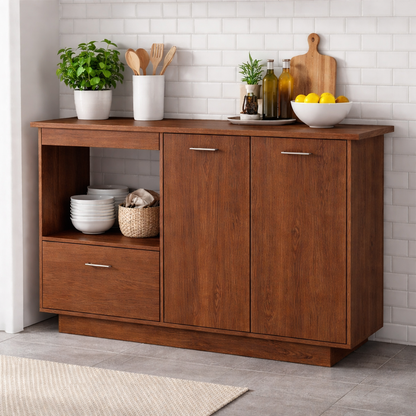 Solid Wood Kitchen Sideboard Cabinet – Walnut Storage Buffet with Drawer & Open Shelf