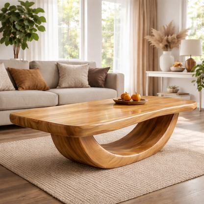 Solid Wood Coffee Table with Curved Sculptural Base and Thick Slab Top