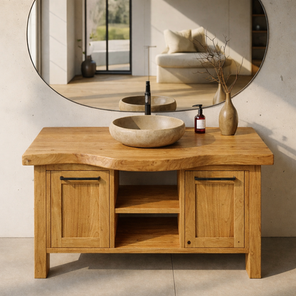 Solid Wood Bathroom Vanity with Double Door Cabinets and Open Center Shelf