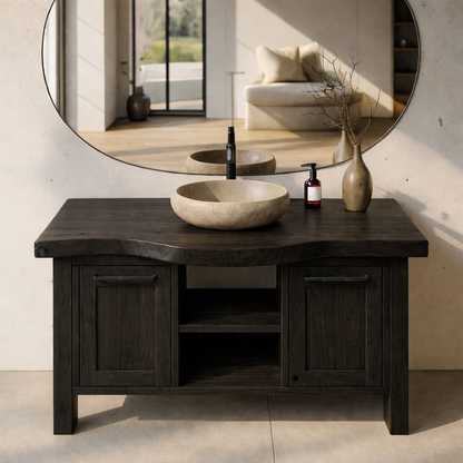 Solid Wood Bathroom Vanity with Double Door Cabinets and Open Center Shelf