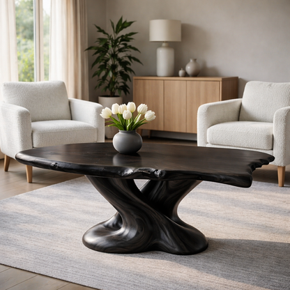 Solid Wood Live Edge Coffee Table with Sculptural Twisted Base