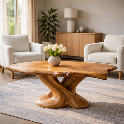 Solid Wood Live Edge Coffee Table with Sculptural Twisted Base