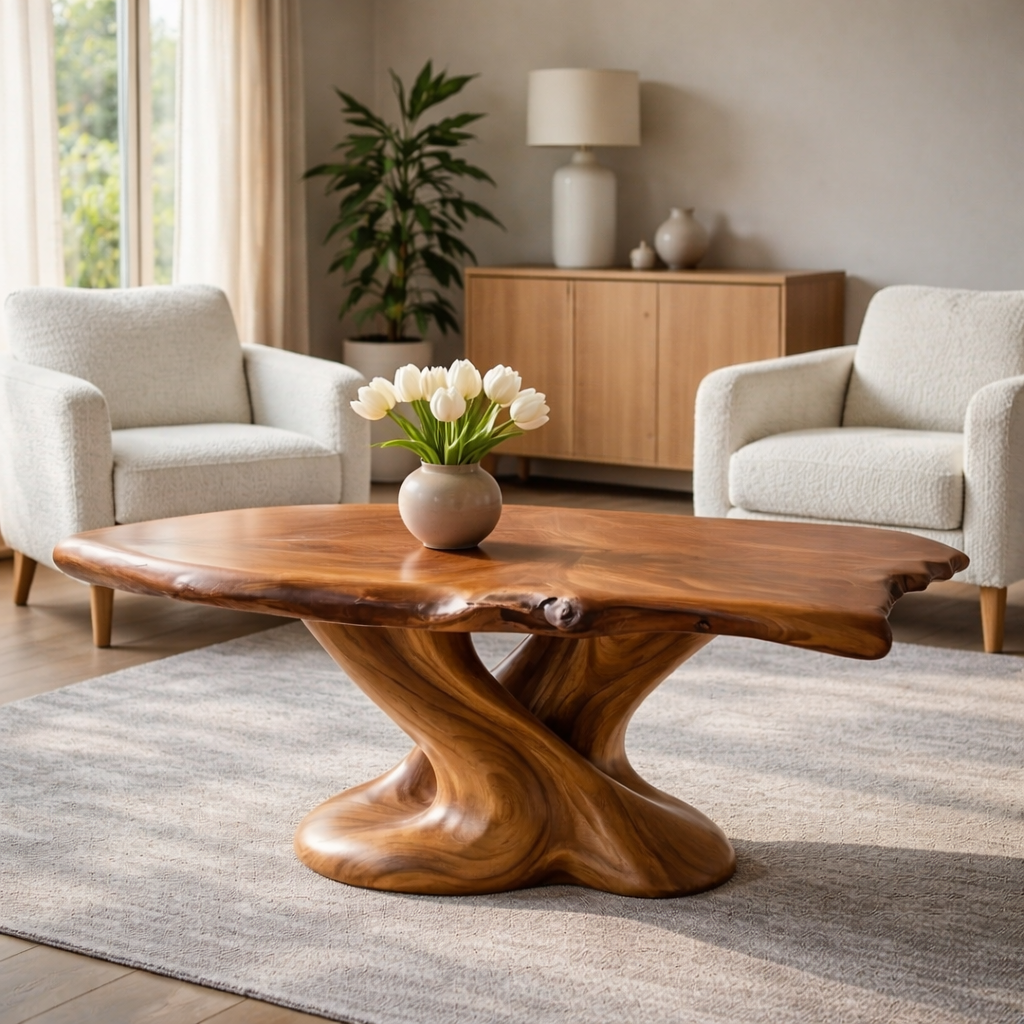 Solid Wood Live Edge Coffee Table with Sculptural Twisted Base