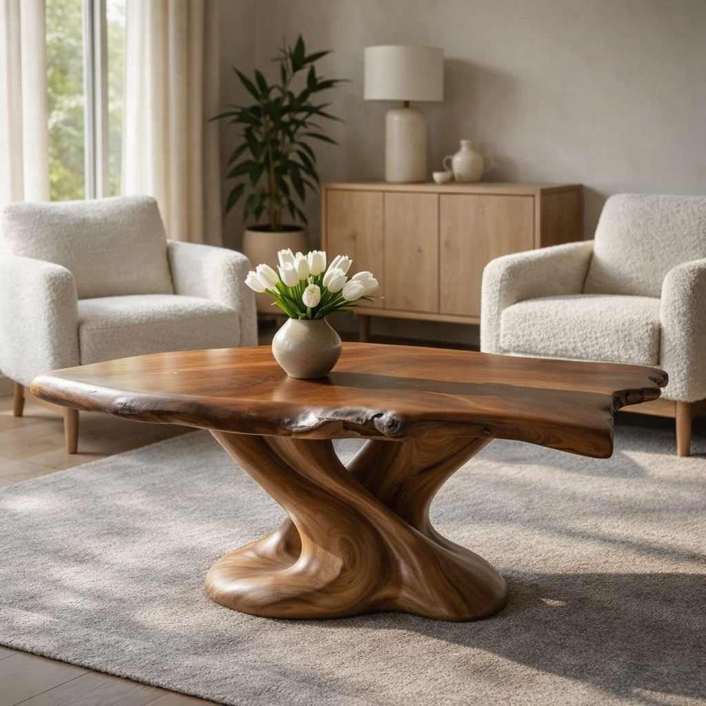 Solid Wood Live Edge Coffee Table with Sculptural Twisted Base
