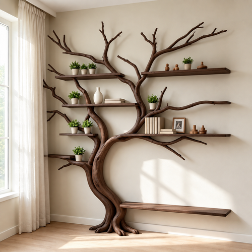 Handcrafted Sculptural Tree Bookshelf Solid Wood Branch Shelving Unit