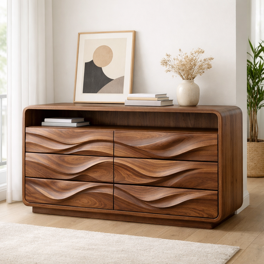 Solid Wood Console Table with Drawer Storage and Sculptural Wave Front Design