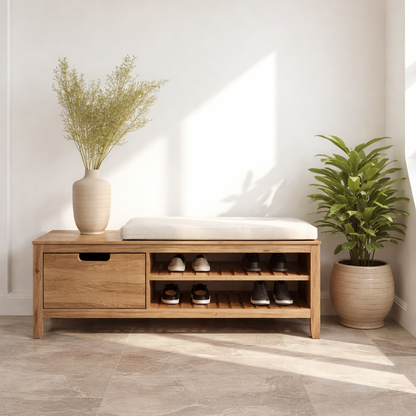 Solid Wood Shoe Storage Bench – Entryway Wooden Bench with Shoe Rack and Drawer