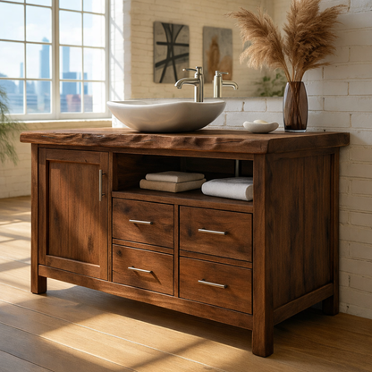 Solid Wood Live Edge Bathroom Vanity with 4 Drawers and Cabinet Door