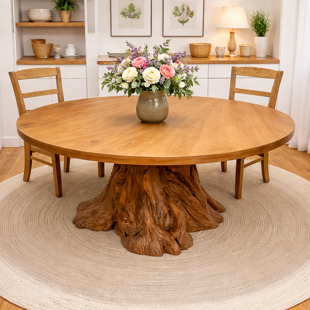 Round Solid Wood Dining Table with Natural Tree Stump Pedestal Base