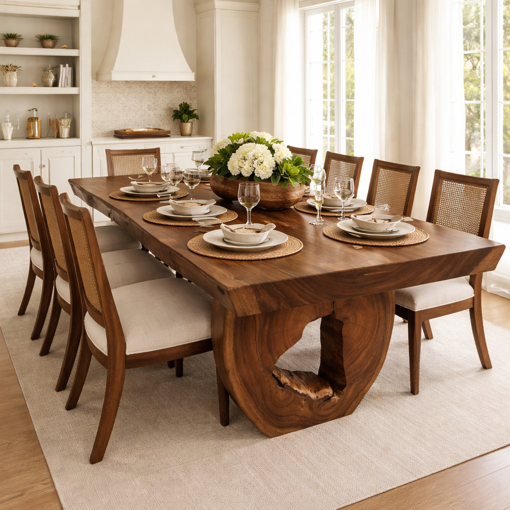 Solid Wood Dining Table with Sculptural Pedestal Base – Modern Handcrafted Design