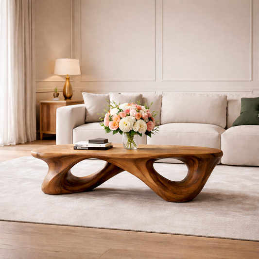 Handcrafted Solid Wood Coffee Table with Sculptural Open Loop Base