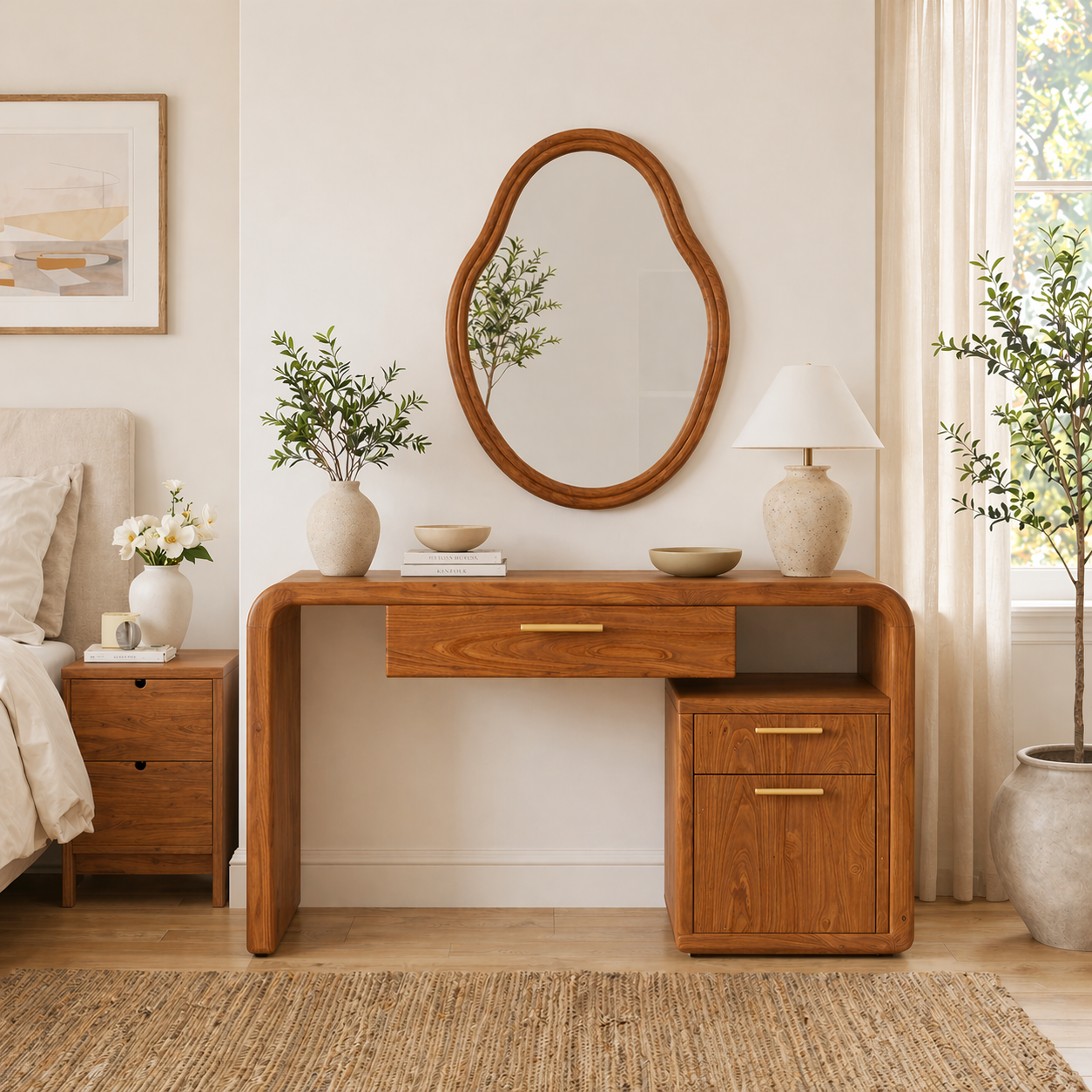 Solid Wood Makeup Vanity Desk with Rounded Frame and Drawer Storage