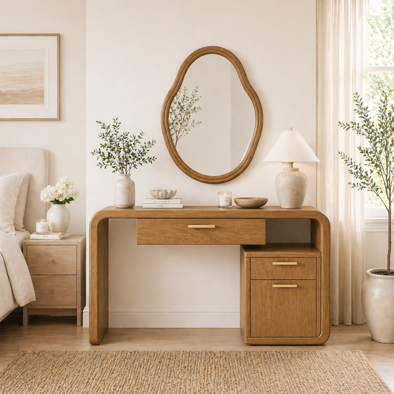 Solid Wood Makeup Vanity Desk with Rounded Frame and Drawer Storage