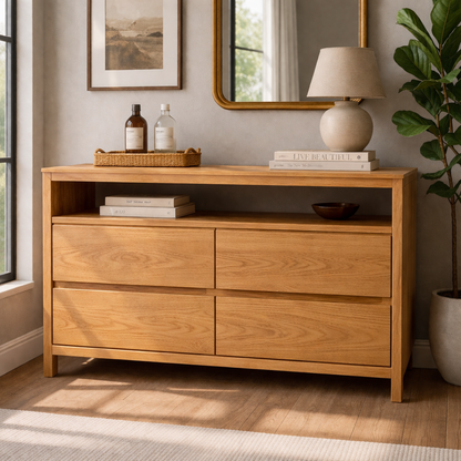 Solid Wood Console Table with Open Shelf and Drawer Storage for Modern Living Room