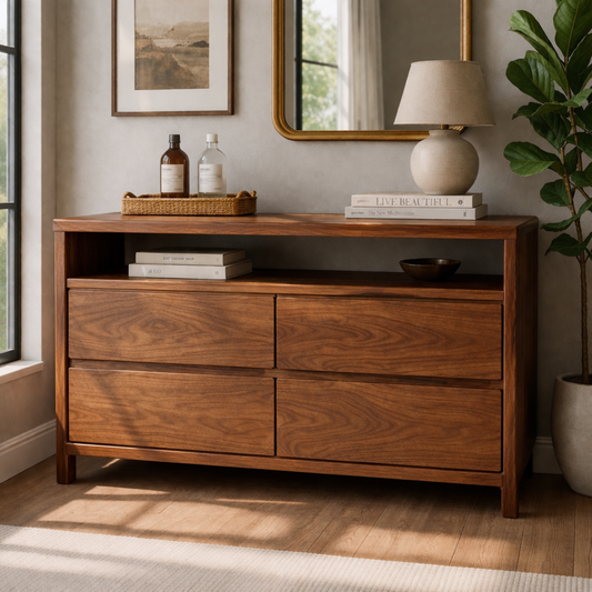 Solid Wood Console Table with Open Shelf and Drawer Storage for Modern Living Room