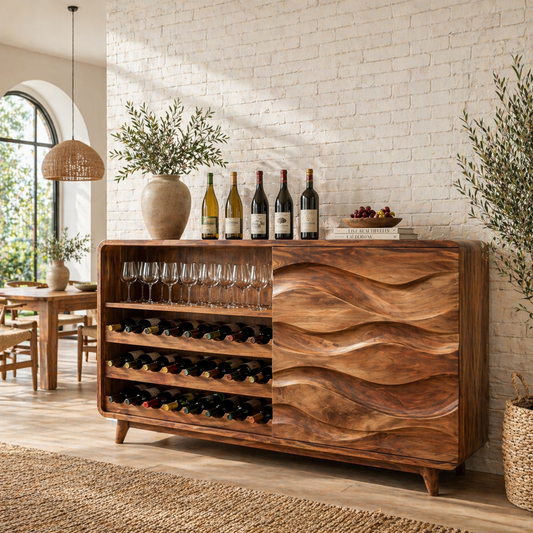 Solid Wood Wine Sideboard with Wave Carved Doors and Bottle Storage