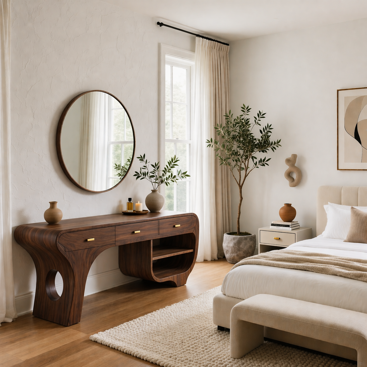 Solid Wood Makeup Vanity Desk with Sculptural Curved Design and Drawers