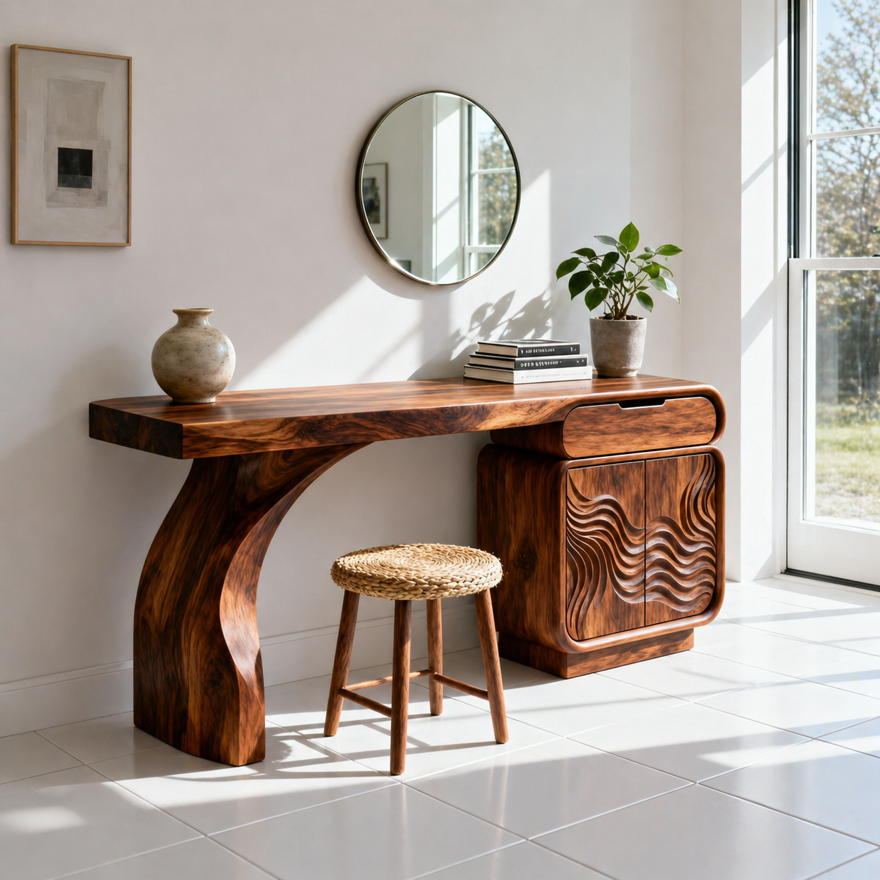 Solid Wood Makeup Vanity Desk with Sculptural Base and Wave Carved Cabinet