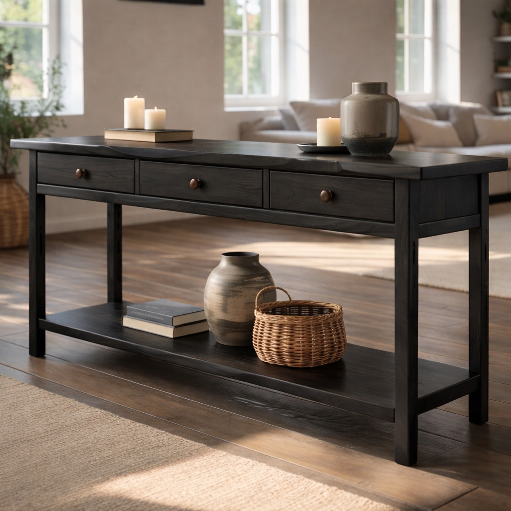 Solid Wood Console Table with 3 Drawers & Lower Shelf