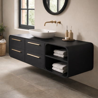 Luxury Floating Solid Wood Bathroom Vanity with Open Shelf Storage