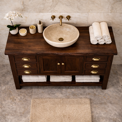 Solid Wood Bathroom Vanity with Drawers & Open Shelf Storage