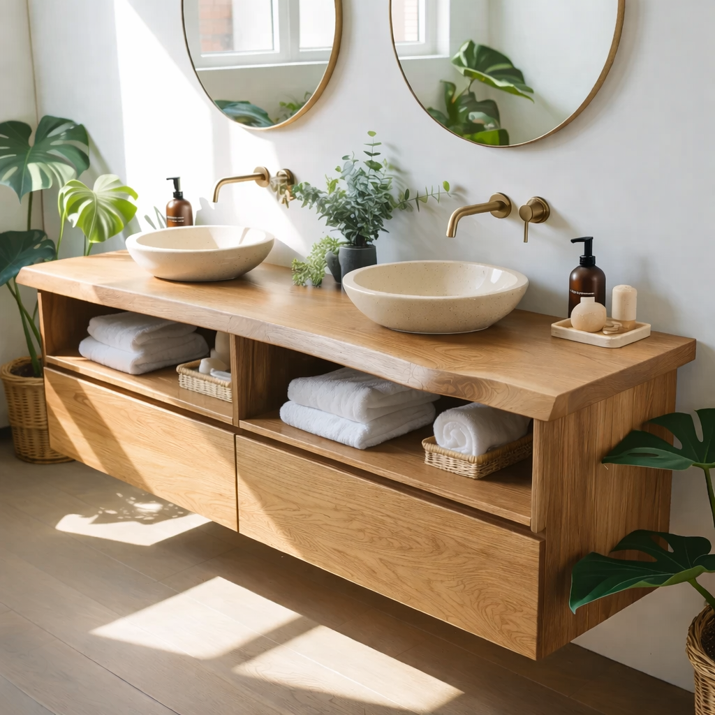 Modern Double Floating Solid Wood Bathroom Vanity Cabinet