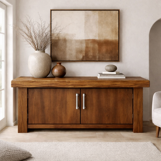 Solid Wood Console Cabinet – Modern Rustic Entryway Storage Table with Double Doors