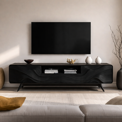 Solid Wood TV Stand with Sculpted Wave Front – Modern Rustic Media Console